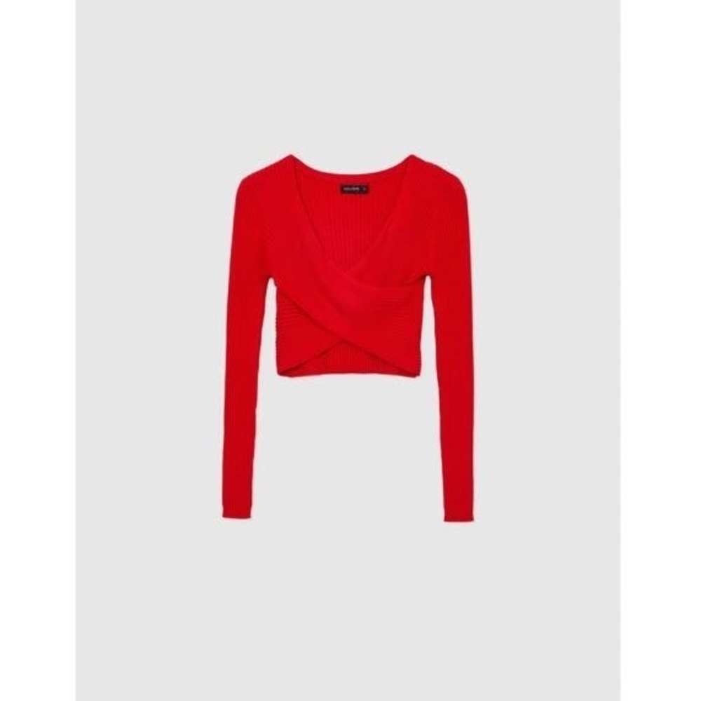 Express Red Cropped Sweater Top Long Sleeve Square Neck Ribbed Knit‎ - Size L